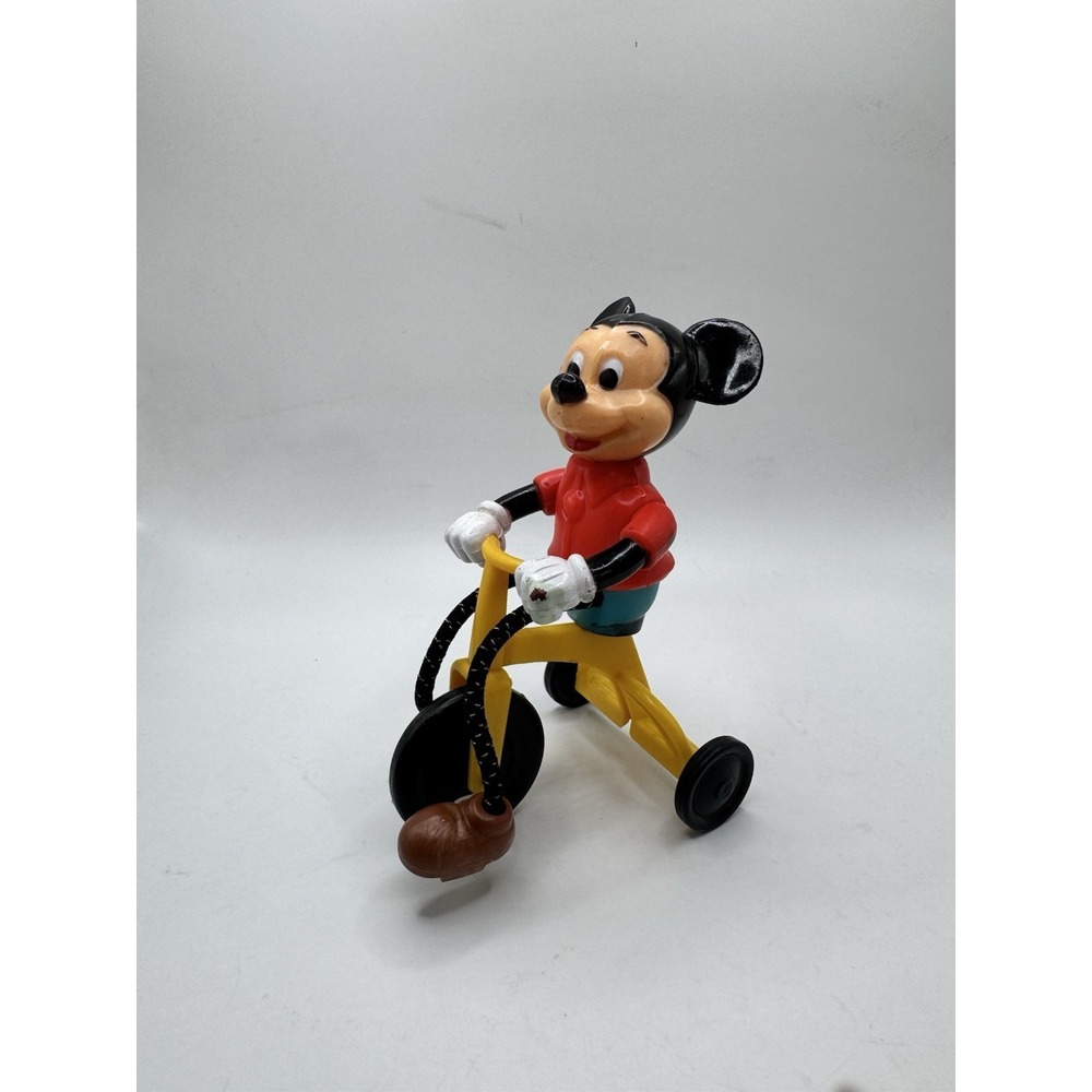 Disney 1977 Vintage Mickey Mouse Tricycle Toy 5" Plastic Figure Pedaling Bike